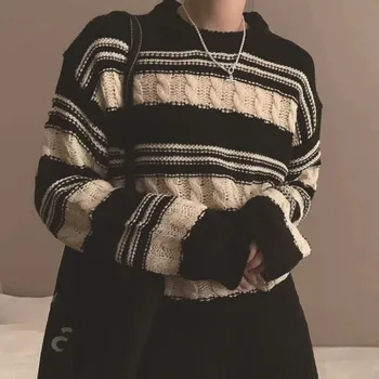 Вязаный свитер в полоску с круглым вырезом, женский осенне-зимний свитер 2023 года, новый пуловер с дизайном 