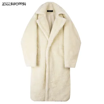 Длинная мужская берберская флисовая куртка с зубчатым отворотом 2020, Зимнее мужское свободное пальто с начесом, Бежевый, белый / черный