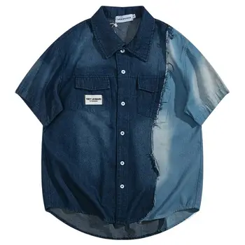 Летние Мужские Американский Стиль Кнопка Джинсовые Рубашки Хип Хоп Промывают Лоскутное Старинные Блузка Уличная Harajuku Мода Повседневные Рубашки