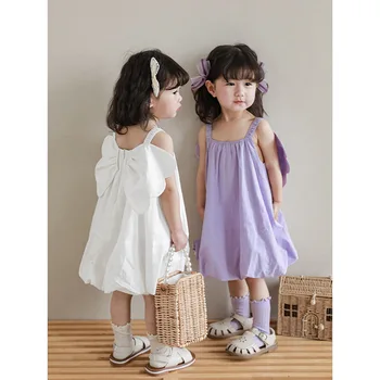 2023 Новое летнее платье-комбинация с бантом, белые, фиолетовые повседневные винтажные платья для девочек, детская одежда, платье принцессы