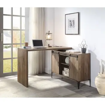 Компьютерный стол, Офисный L-образный Письменный Стол с Раздвижной Дверцей для Хранения в Сарае, USB-порт в комплекте, Металлическая ножка с Черной отделкой для Кабинета