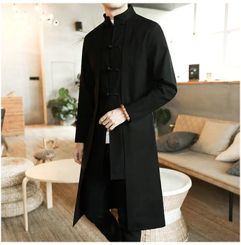 Тренч, мужской поддельный кардиган-двойка, пальто-кимоно, мужской длинный китайский стиль, черное свободное винтажное хлопчатобумажное белье