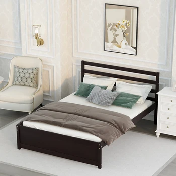 Полноразмерный каркас кровати на деревянной платформе с изголовьем для спальни белого цвета Мебель для спальни